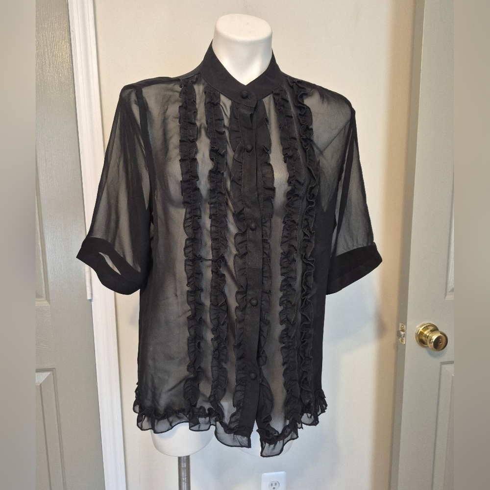 Norma Kamali Sheer Black Short Sleeves Ruffles High Neck Button Down Blouse(L)